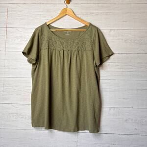 Talbots Top Womens Size 1X Sage Green Eyelet Trim Tee Floral Plus Size Cotton